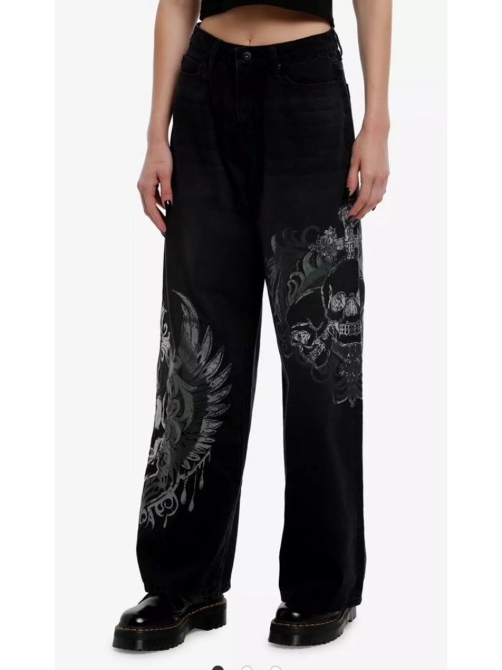 Hot Topic Social Collision Womens Sz 5 27 Black Skull Wings High Rise Wide Jeans